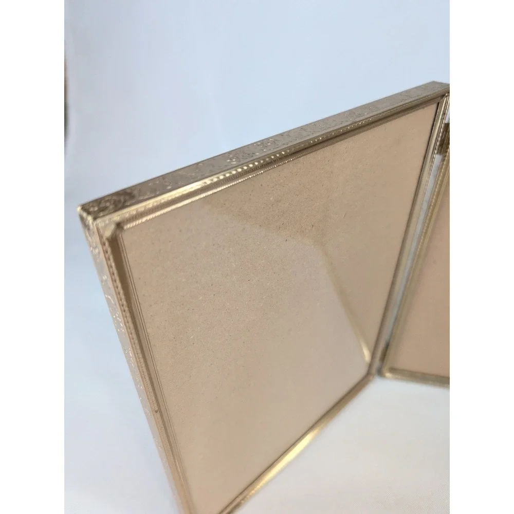 Vintage Triple Folding Picture Frame Gold Metal Beaded Floral 8x10 Triptych